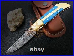 Hand forged Damascus folding knife Resin sheet brass bolster Handle pocket knife