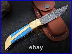 Hand forged Damascus folding knife Resin sheet brass bolster Handle pocket knife