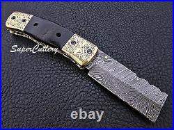 Hand forged Handmade Damascus Folding Knife Engraved Brass Bolster Sheep Horn
