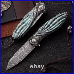 Handcrafted 75 Layer Damascus Pocket Knife Ball Bearing Survival Wood Handle