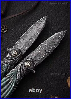 Handcrafted 75 Layer Damascus Pocket Knife Ball Bearing Survival Wood Handle