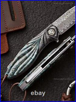 Handcrafted 75 Layer Damascus Pocket Knife Ball Bearing Survival Wood Handle