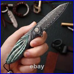 Handcrafted 75 Layer Damascus Pocket Knife Ball Bearing Survival Wood Handle