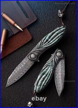 Handcrafted 75 Layer Damascus Pocket Knife Ball Bearing Survival Wood Handle