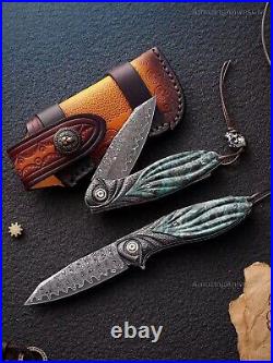 Handcrafted 75 Layer Damascus Pocket Knife Ball Bearing Survival Wood Handle