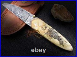 Handcrafted Custom Scrimshaw Art Sale Damascus Pocket Folding Knife Camel Bone
