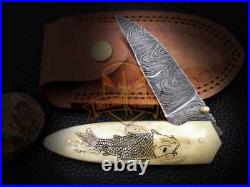 Handcrafted Custom Scrimshaw Art Sale Damascus Pocket Folding Knife Camel Bone