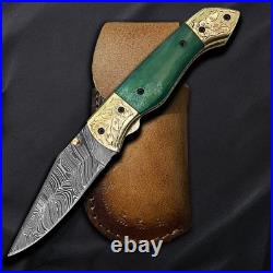 Handcrafted Damascus Pocket Knife Brass Engraved Bolsters, Green Handle