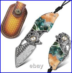 Handcrafted Damascus Steel Pocket EDC Folding Knife For Camping, Hiking & Travel