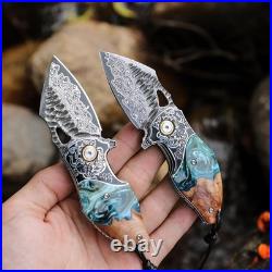 Handcrafted Damascus Steel Pocket EDC Folding Knife For Camping, Hiking & Travel