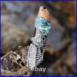 Handcrafted Damascus Steel Pocket EDC Folding Knife For Camping, Hiking & Travel