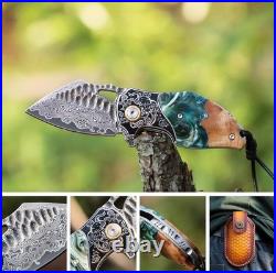 Handcrafted Damascus Steel Pocket EDC Folding Knife For Camping, Hiking & Travel
