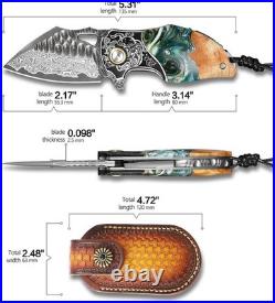 Handcrafted Damascus Steel Pocket EDC Folding Knife For Camping, Hiking & Travel