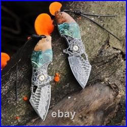 Handcrafted Damascus Steel Pocket EDC Folding Knife For Camping, Hiking & Travel