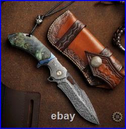 Handcrafted Feather Knife Damascus Steel Folding Pocket Knife Flipper with Sheath