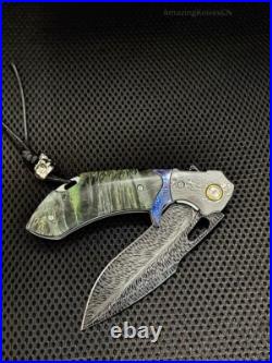 Handcrafted Feather Knife Damascus Steel Folding Pocket Knife Flipper with Sheath