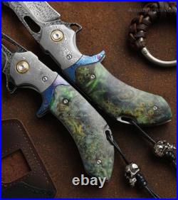 Handcrafted Feather Knife Damascus Steel Folding Pocket Knife Flipper with Sheath