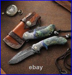 Handcrafted Feather Knife Damascus Steel Folding Pocket Knife Flipper with Sheath