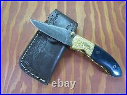 Handmade 7 High Carbon Damascus Folding Knife Etched Brass, Buffalo Horn & Bone