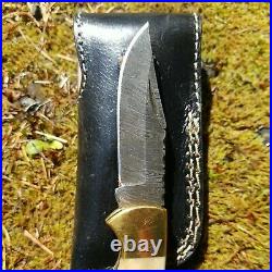 Handmade Bone Handle Damascus Folding Pocket Knife with thick Leather Sheath