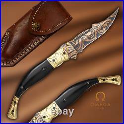 Handmade Copper Damascus Folding Knife 7.5 Black Horn Handle Pocket Knife