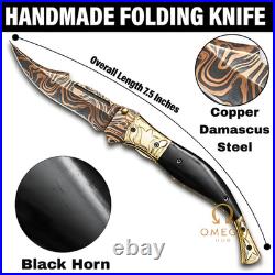 Handmade Copper Damascus Folding Knife 7.5 Black Horn Handle Pocket Knife