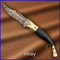 Handmade Copper Damascus Folding Knife 7.5 Black Horn Handle Pocket Knife