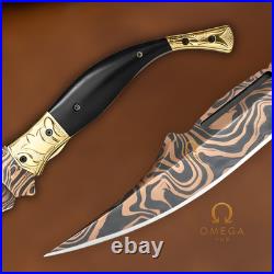Handmade Copper Damascus Folding Knife 7.5 Black Horn Handle Pocket Knife