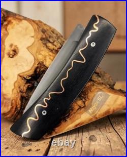 Handmade Copper Damascus Folding Knife San Mai XC100 Ebony Handle