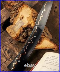 Handmade Copper Damascus Folding Knife San Mai XC100 Ebony Handle