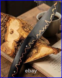 Handmade Copper Damascus Folding Knife San Mai XC100 Ebony Handle