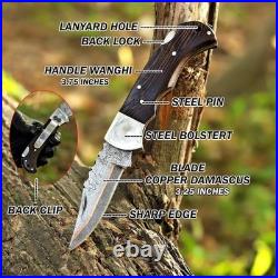 Handmade Copper Damascus Folding Knife, Wooden Handle Pocket Knife