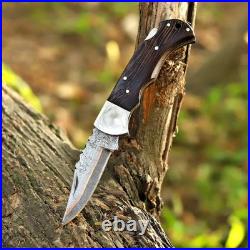 Handmade Copper Damascus Folding Knife, Wooden Handle Pocket Knife