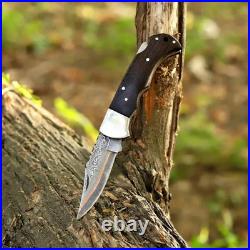 Handmade Copper Damascus Folding Knife, Wooden Handle Pocket Knife