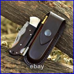 Handmade Copper Damascus Folding Knife, Wooden Handle Pocket Knife