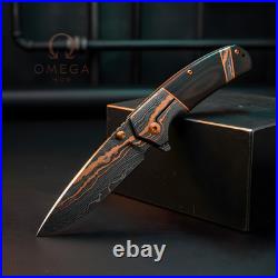 Handmade Copper Damascus Folding Pocket Knife with Sheath Gift for Groomsmen