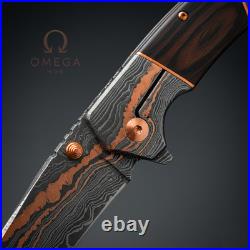 Handmade Copper Damascus Folding Pocket Knife with Sheath Gift for Groomsmen