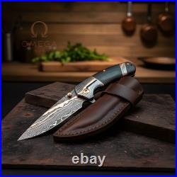 Handmade Copper Damascus Folding Pocket Knife with Sheath Gift for Groomsmen