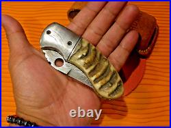 Handmade Custom Ram Horn CHUBBY Style Damascus Folder Knife! -MINT/Pre-Owned