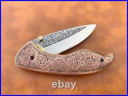 Handmade D2 Tool Steel Blade Hand Engraved Pocket (Folding) Knife