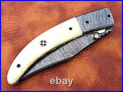 Handmade Damascus Blade Pocket (Folding) Knife Custom Engraved Camel Bone Handle