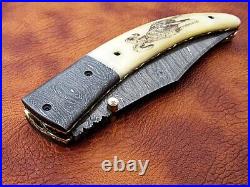 Handmade Damascus Blade Pocket (Folding) Knife Custom Engraved Camel Bone Handle