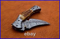 Handmade Damascus Blade Pocket (Folding) Knife Ram Horn Handle