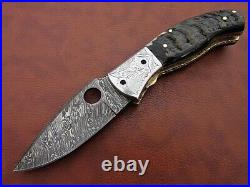 Handmade Damascus Blade Pocket (Folding) Knife Ram Horn Handle