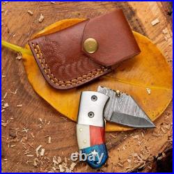 Handmade Damascus Folding Knife with Leather Sheath