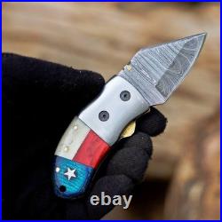 Handmade Damascus Folding Knife with Leather Sheath