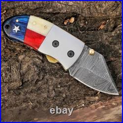 Handmade Damascus Folding Knife with Leather Sheath