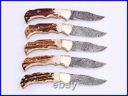 Handmade Damascus Pocket Folding Knife Lot of (5) With Stag Horn Handle Lockback