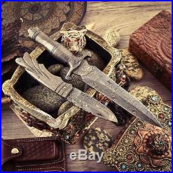 Handmade Damascus Steel 2 Hunting And Folding Knives With Leather Sheath