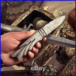Handmade Damascus Steel 2 Hunting And Folding Knives With Leather Sheath